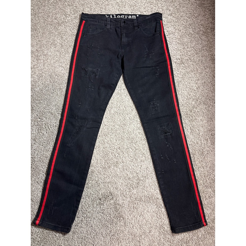 Kilogram Mens Black Distressed Skinny Jeans Red Side Stripe Size 34 Streetwear